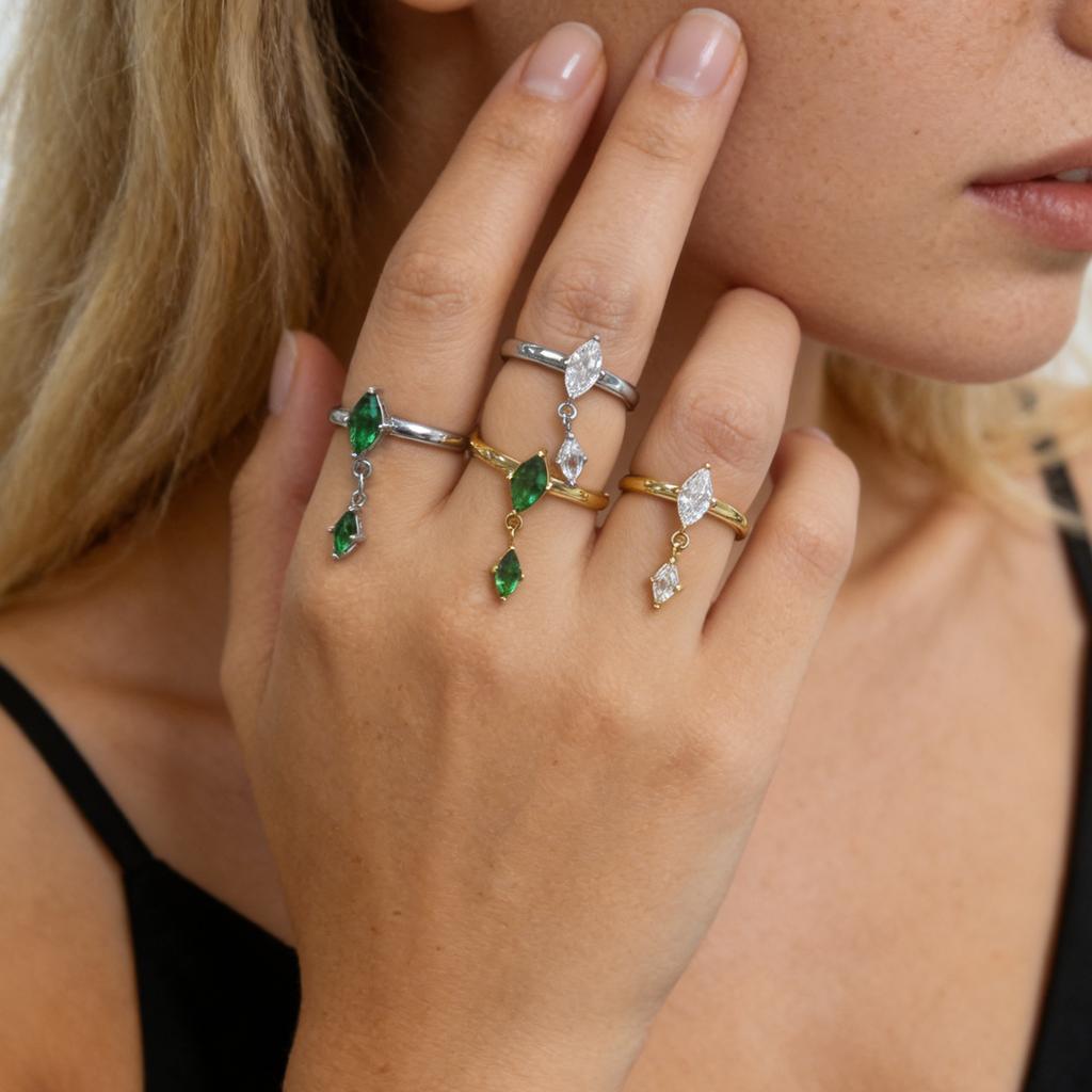 Green Crystal Marquise Stone Tassel Pendant Stainless Steel Rings for Women Vintage Gold CopperColor Wedding Jewelry Minimalist