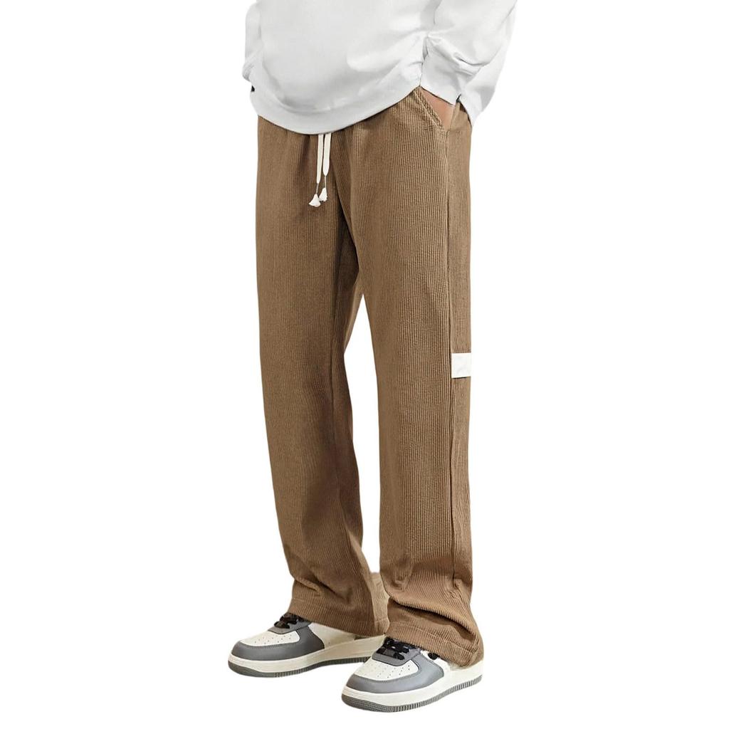 Men's Corduroy Drawstring Casual Pants, Loose Fit Straight Wide Leg Trousers