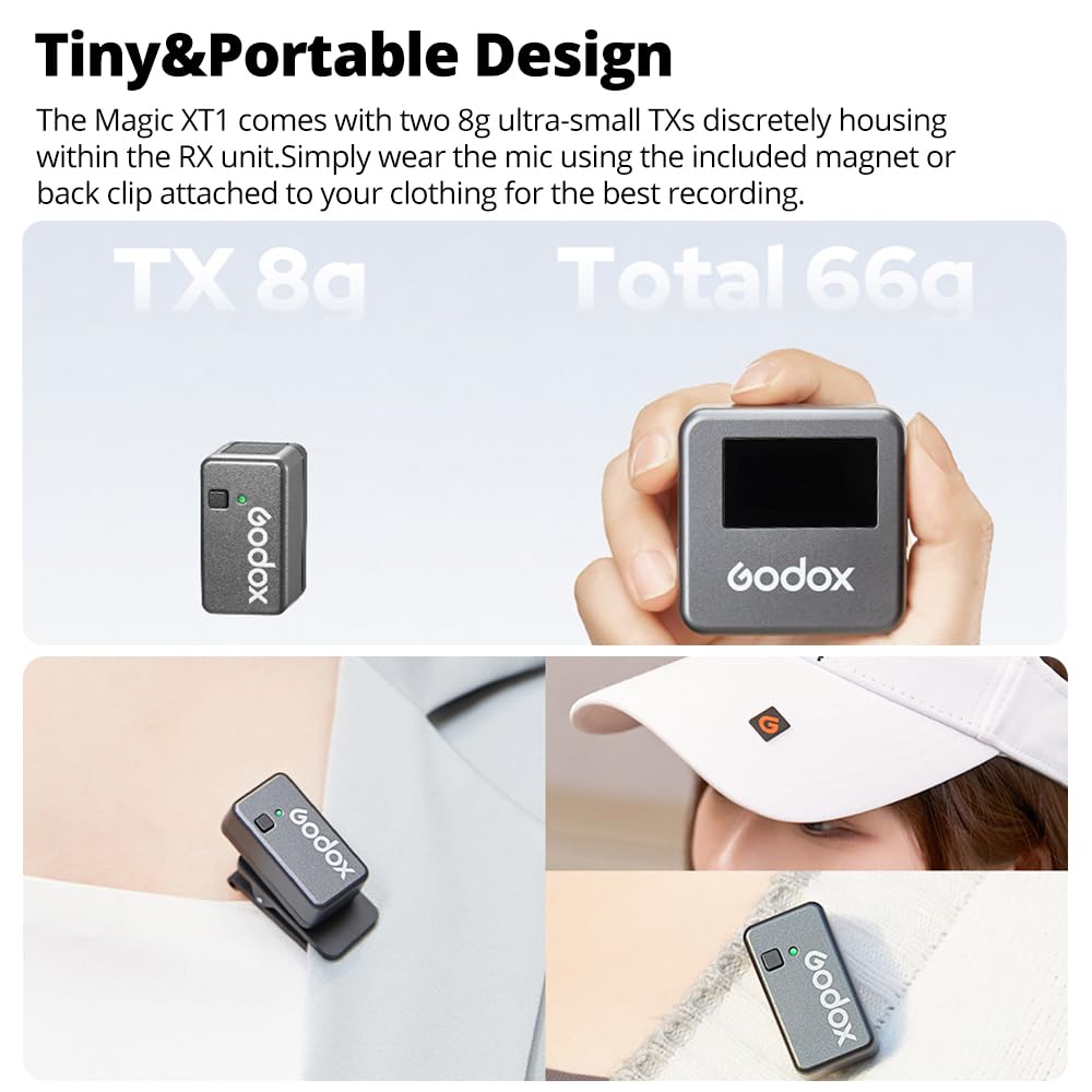 Godox Magic XT1 Wireless Lavalier Microphone for Cameras TX 1 RX with Charging Noise Touchscreen Mini Wireless Microphone (2 + Case), Cancelling, 16H,