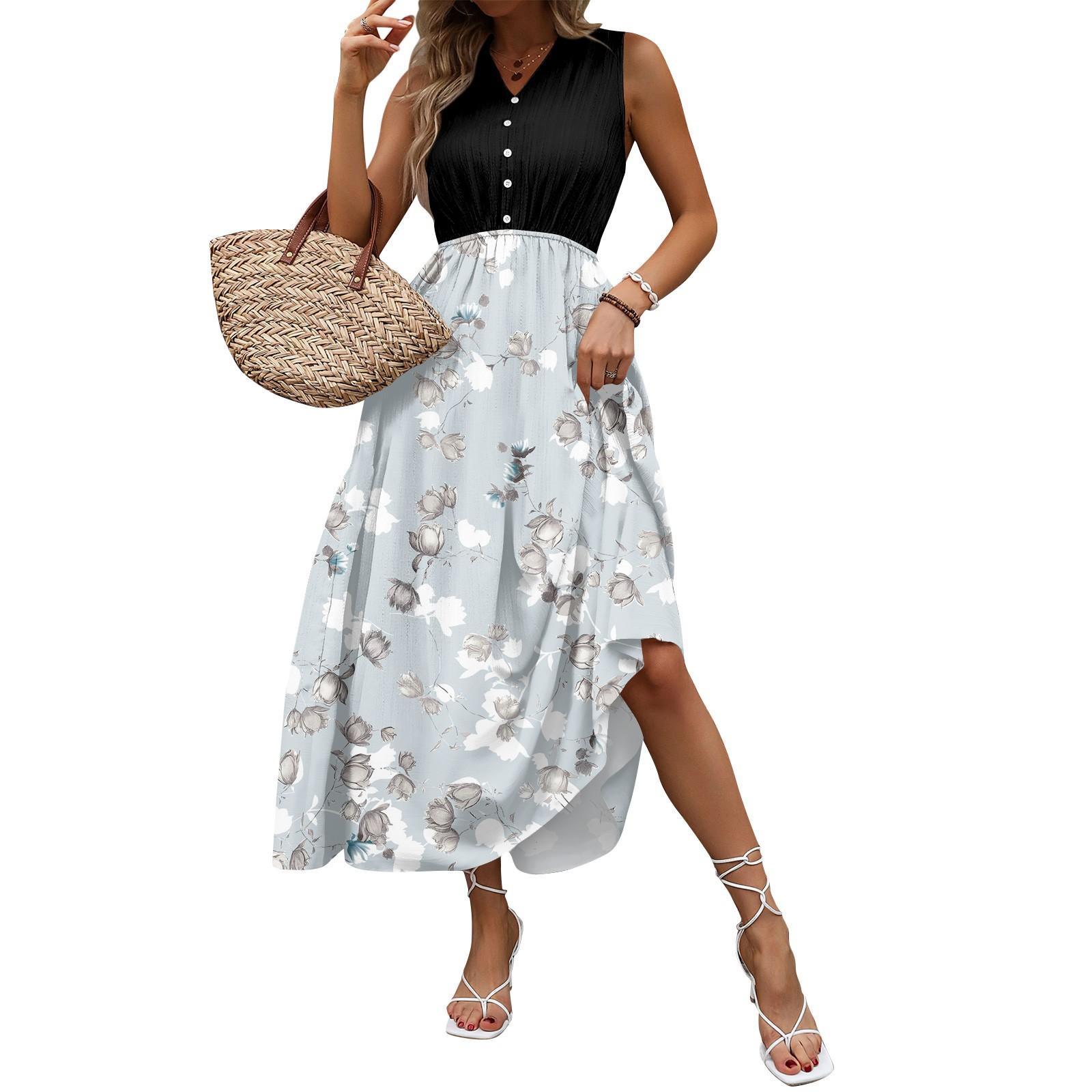 Women s Casual And Fashionable V-neck  Sleeveless Printing Mid Length Dress L