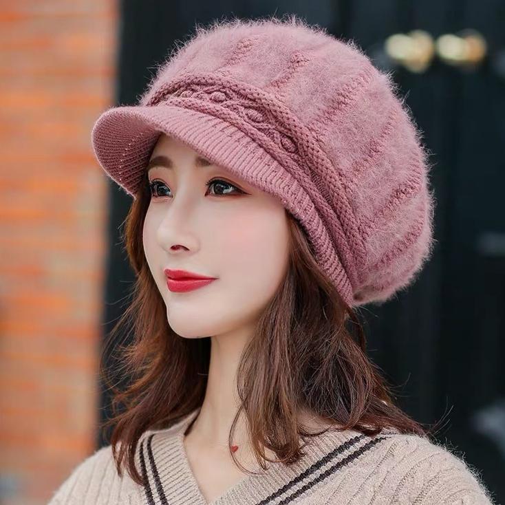 Female Autumn and Winter Casual Rabbit Fur Duck Tongue Beret Winter Cold Warm Knitted Wool Hat