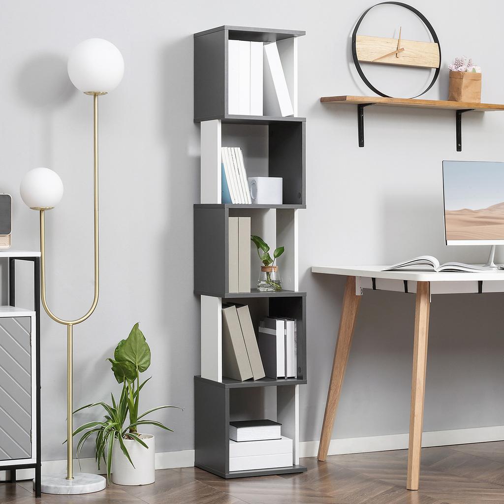 Modernes, platzsparendes Bücherregal mit 5 Regalböden aus Holz, 33x28x161cm, Grau und Weiß