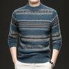 YINGAO Men's Retro Jacquard Lambswool Sweater - Thickened, Pure Wool, Round Neck, Winter Style
