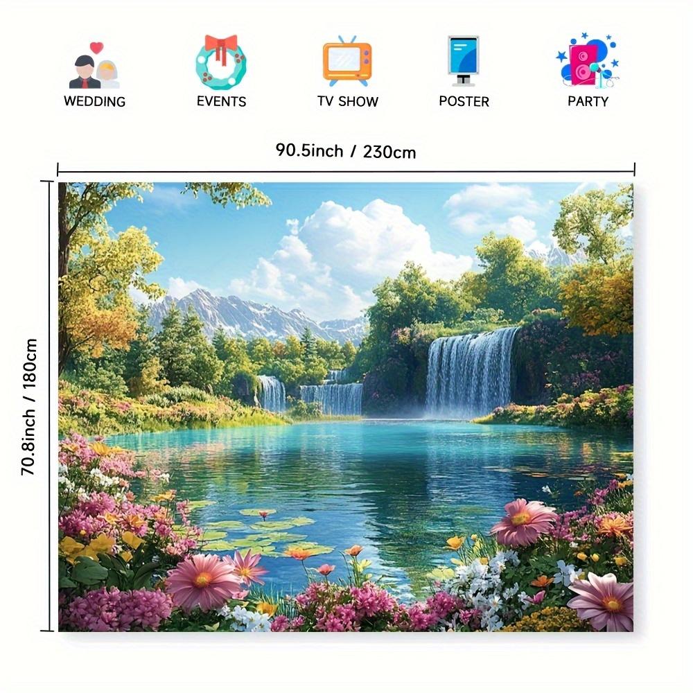 1pc Landscape with Forest and River Background Vivid Flowers and Waterfalls Suitable for Indoor/outdoor Holiday Decorations