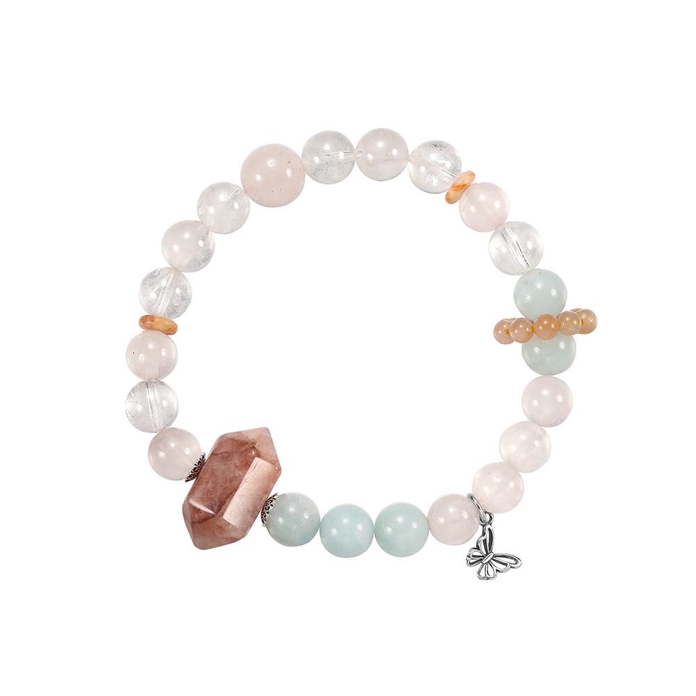 

EFFIE QUEEN Rose Quartz Moonstone Beaded Bracelet with Natural Aquamarine Stone S925 Silver Sweet Butterfly Charm Jewelry GMB93