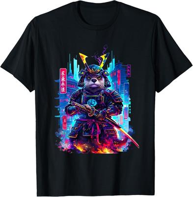 Maglietta Otter Katana Cyberpunk Samurai al Neon Arte Giapponese