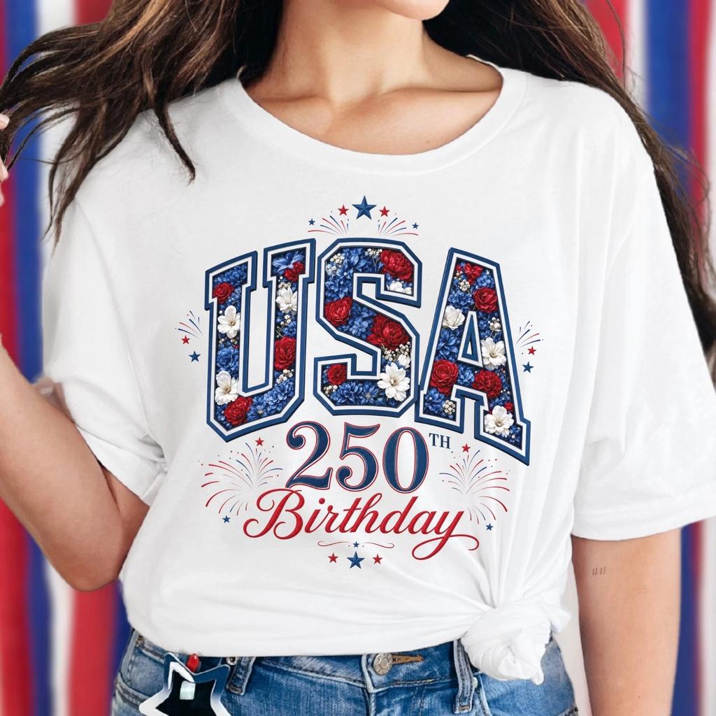 USA 250th Birthday Floral Patriotic T-Shirt, 4th of July Celebration Tee