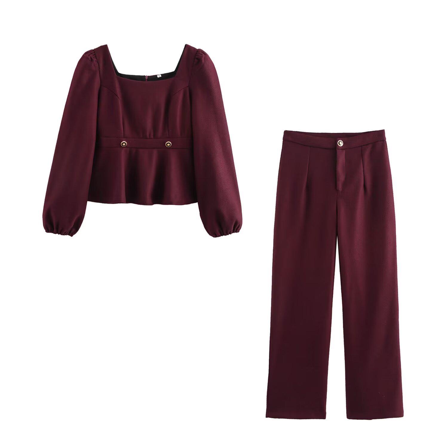 

Осень 2024 Женский комплект в европейском и американском стиле: топ с квадратным вырезом и длинными рукавами и брюки Extra Small вино красного