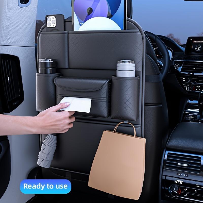Leather Car Seat Back Organizer Storage Pouch with Tissue Box Holder Multi-Functional Hanging Bag for Auto Interior Accessories