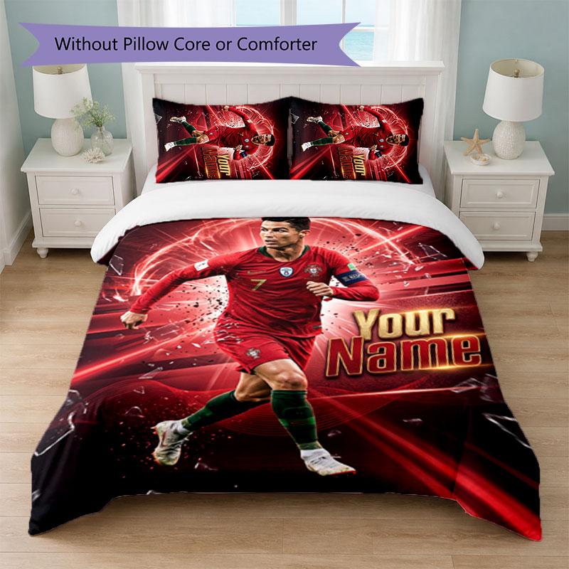 Set Biancheria da Letto Personalizzato Cristiano Ronaldo con Nome Testo 1 Copripiumino+2 Federe Logo Calcio Regalo Personalizzato per Occasione Speciale Arredamento Camera da Letto