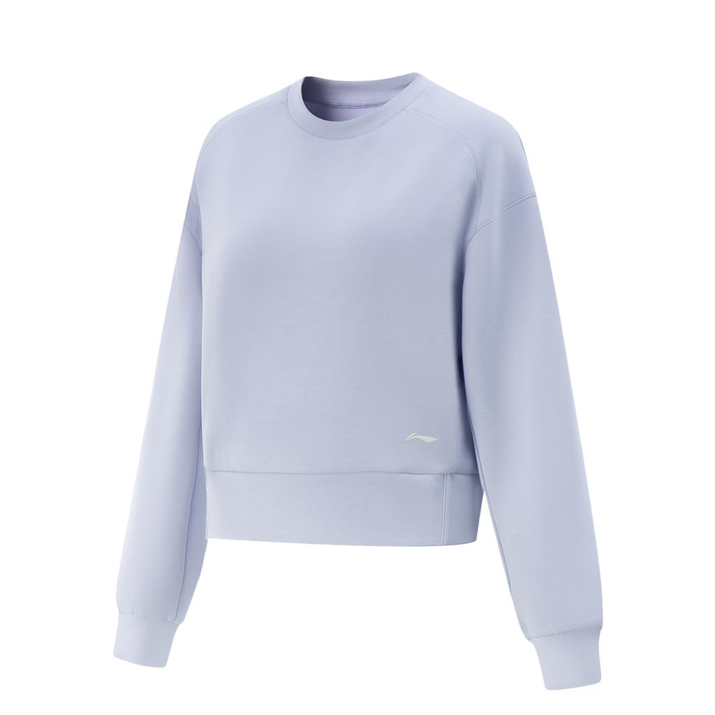Li-Ning Comfortable Loose Fit Drop Shoulder Simple Versatile Solid Color Crew Neck Pullover Sweatshirt Women Sweatshirt Frost-Blue AWDV508-6