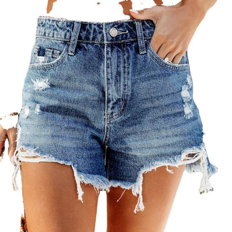 2024 European & American Style Handmade Distressed Fringed Denim Shorts for Women