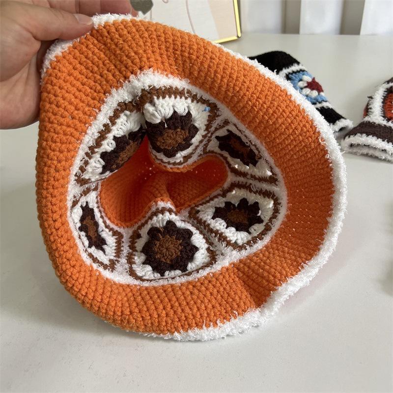 Summer new knitted flower pattern bucket hat sun hat outdoor cover full face fashion versatile sun hat