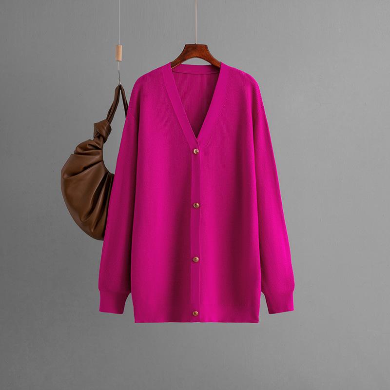 Women's Spring Autumn V-Neck Full Sleeve Single Breasted Loose Solid Color Middle Long Sweater Cardigan