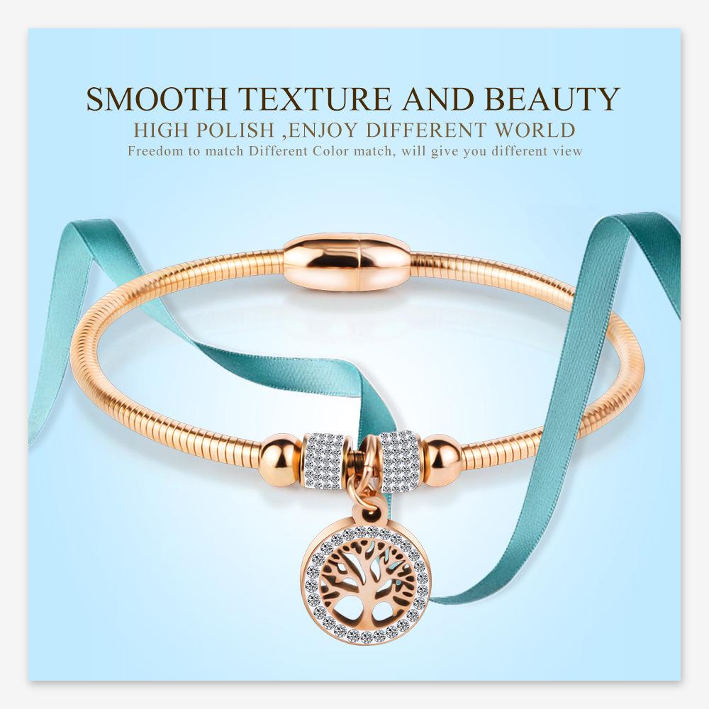 European and American LifeTree Rhinestone Titanium Steel Bracelet with Stainless Steel Magnet for Women