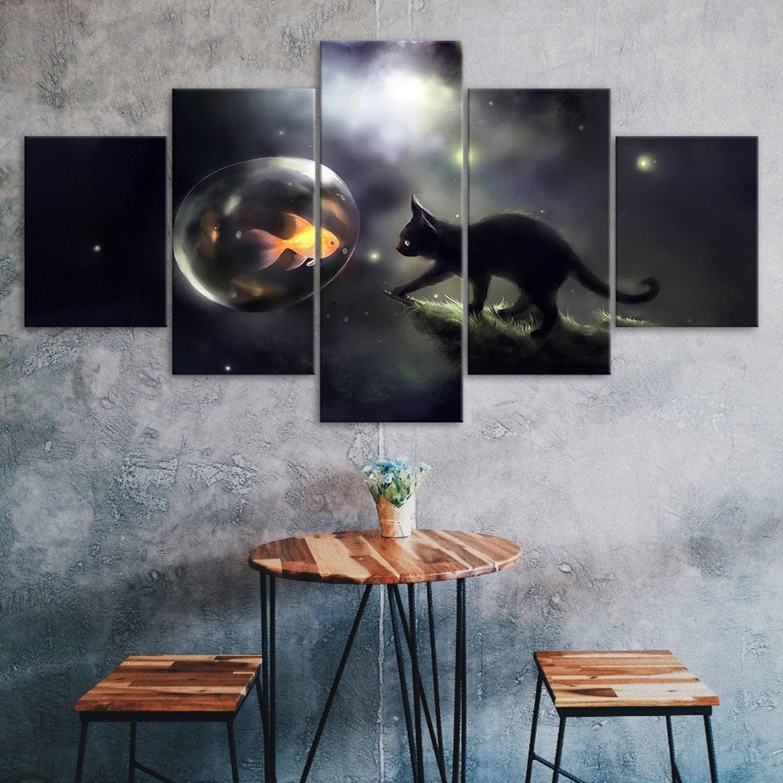 

Black Cat Reaching Fish Bowl Goldfish 5 Piece Five Panel Wall Canvas Print Modern Art Poster Picture Home Decor Gift For Him For Her 20X35 20X45 20X55CM