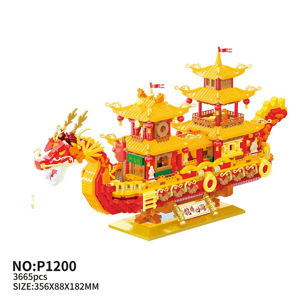 Creative China Dragon Red Headed Boat Micro Diamond Block Royal Ship Sailboat Building Brick Model Nanobrick Toys Collection