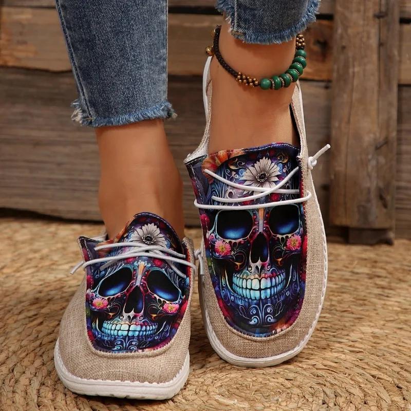 Fashion Shoes for Women 2024 New Autumn Skull Print Women Canvas Sports Shoes Light and Comfortable Women's Flat Shoes Zapatos De Mujer