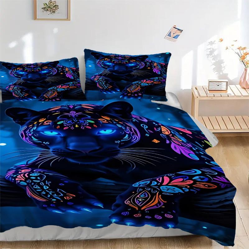 

3pcs Neon Panther Print Duvet Cover Set, Cover For Bedroom Guest Room (1 Duvet Cover + 2 Pillowcase, Without Quilt), yy250922134 135x200cm