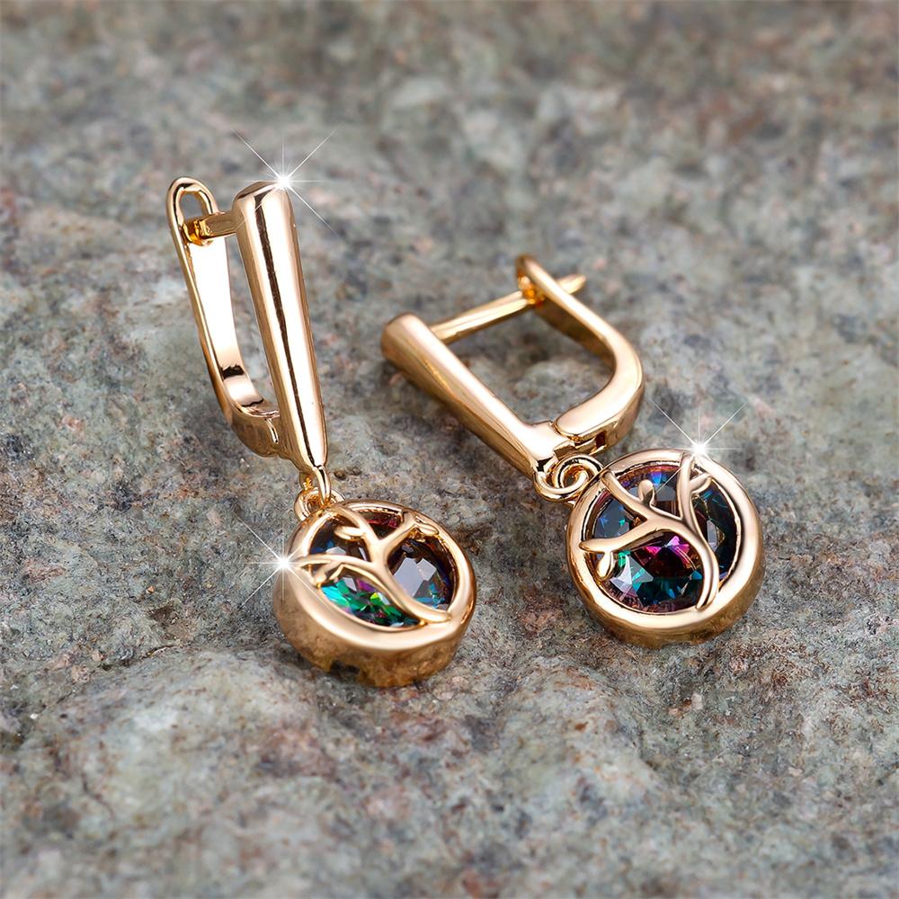 Rainbow Zircon Tree Branches Pendant Hoop Earrings For Women Vintage Gold Color Ear Buckle Wedding Jewelry Engagement Party Gift