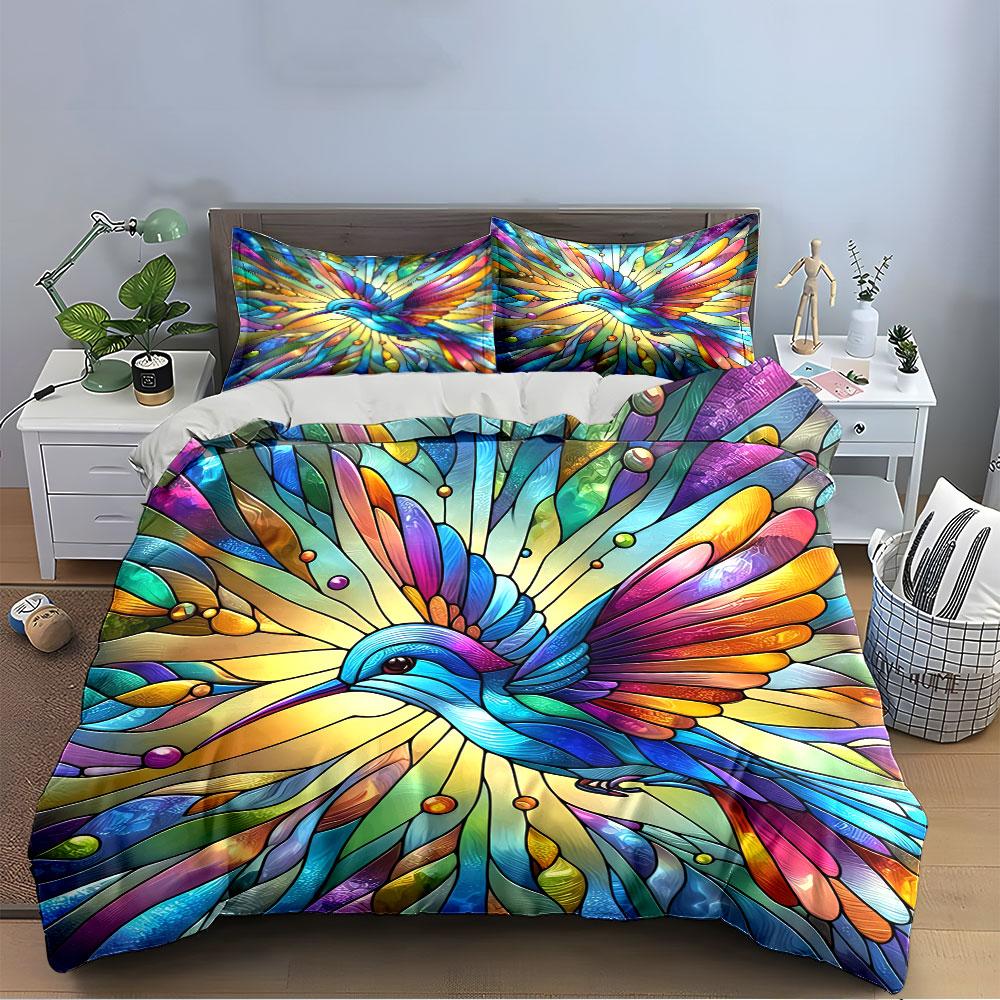 Colorful Stained Glass Bird Bedding Duvet Cover Set Duvet Cover Pillowcases (1*Duvet Cover 2*Pillowcases, without duvet insert)