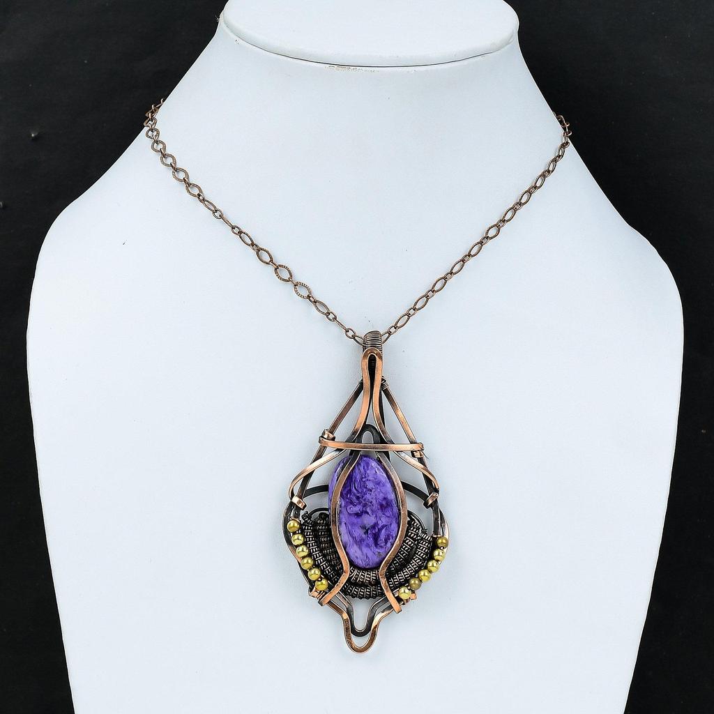 Charoite Pendant Copper Wire Wrapped Gemstone Jewelry Handmade Pendant Copper Wire Wrap Pendant Stylish Pendant Antique Jewelry Gift For Mom