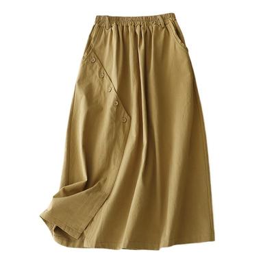 Real Shot Summer New Literary Loose Splicing Solid Color Cotton Elastic Waist Skirt Women's Medium and Long