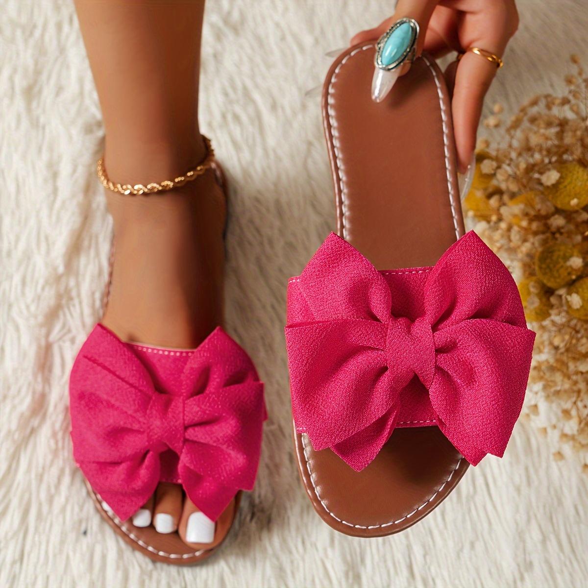 

Женские шлепанцы с декором бантом, повседневная летняя обувь на плоской подошве с открытым носком, легкая пляжная обувь 36 розы красного