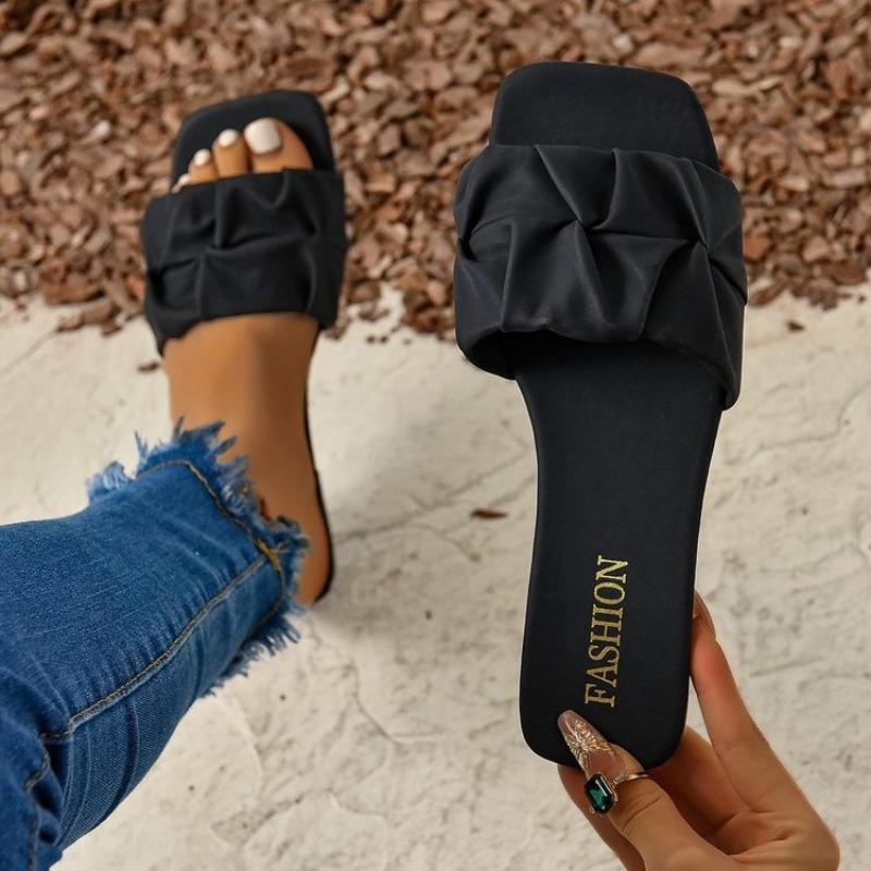 

2024 Summer Women s Slippers Flat Bottom New Pleated Korean Style Slippers Women s Sandals Slip-on Shoes