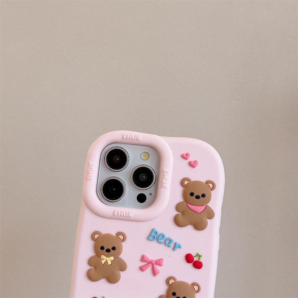 Per iPhone 16 15 14 13 12 Pro Max Custodia Rosa per Telefono Così Carina Fiocco Orsetto Anime Silicone Morbido Copertura Cartoon 3D