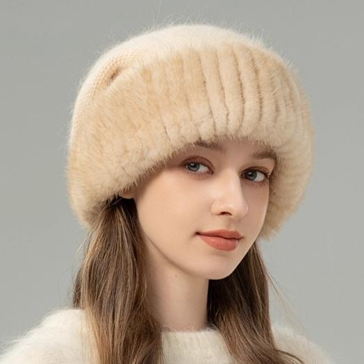 Mink Hair Hat Female Korean Version Winter New Rabbit Hair Blended Knitted Hat Temperament Headband Hat Showing Face Small Fur Hat