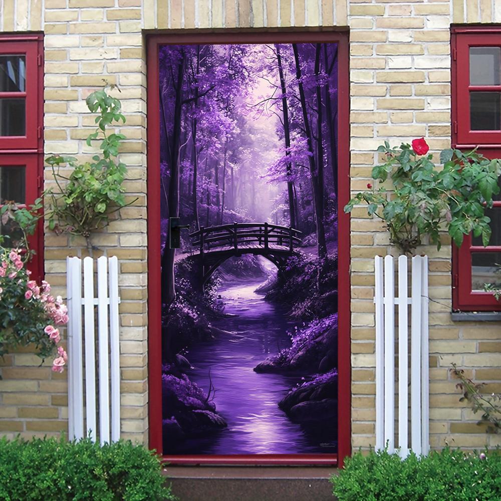 1pcs Self Adhesive Removable Vinyl Door Stickers Dreamy Purple Forest Bridge View Door Stickers Beautiful Moonlight Stream Entra