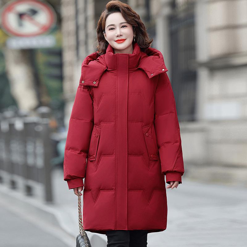 Brand mother down jacket medium and long foreign style middle-aged large size warm jacket solid color thickened white duck down coat