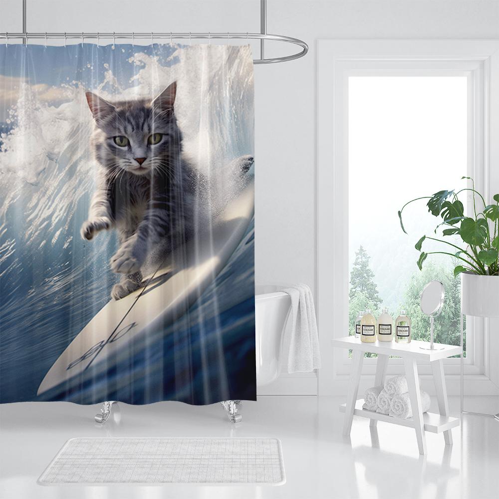 Funny Cat Shower Curtain, Dinosaur Cat Dog Animal Shark Funny Ocean Coral Goldfish Bathtub Bubbles Kids Cartoon Bathroom Decor