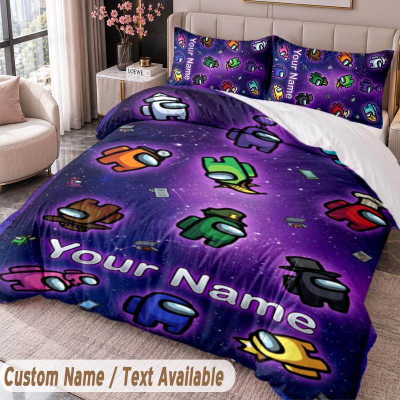 Custom Name Text 3Pcs Bedding Set Among Us Duvet Cover And Two Pillowcases