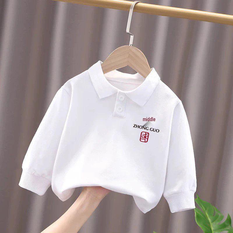 National Day Patriotic Cotton Long Sleeve Polo Shirt for Kids
