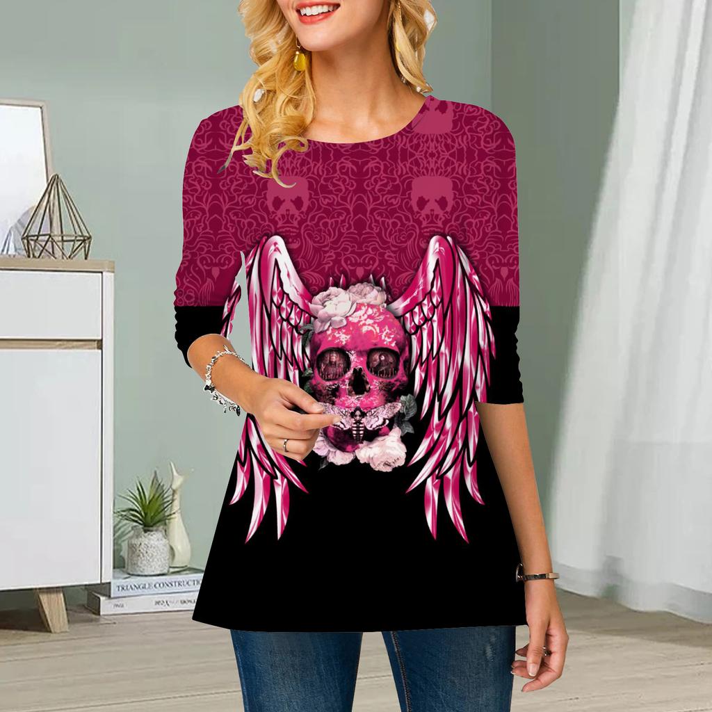 Plus Size Women Flower Human Skeleton Print Round Neck Casual Loose Long Sleeve Top