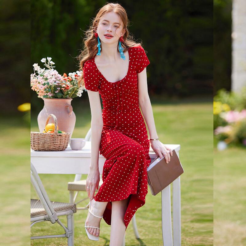 Bailuyu Women's Polka Dot U-Neck Slim-Fit Long Dress