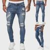 Men's Ripped Skinny Badge-Style Denim Jeans with Zipper Holes