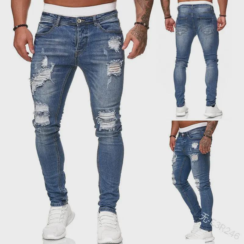 Men's Ripped Skinny Badge-Style Denim Jeans with Zipper Holes