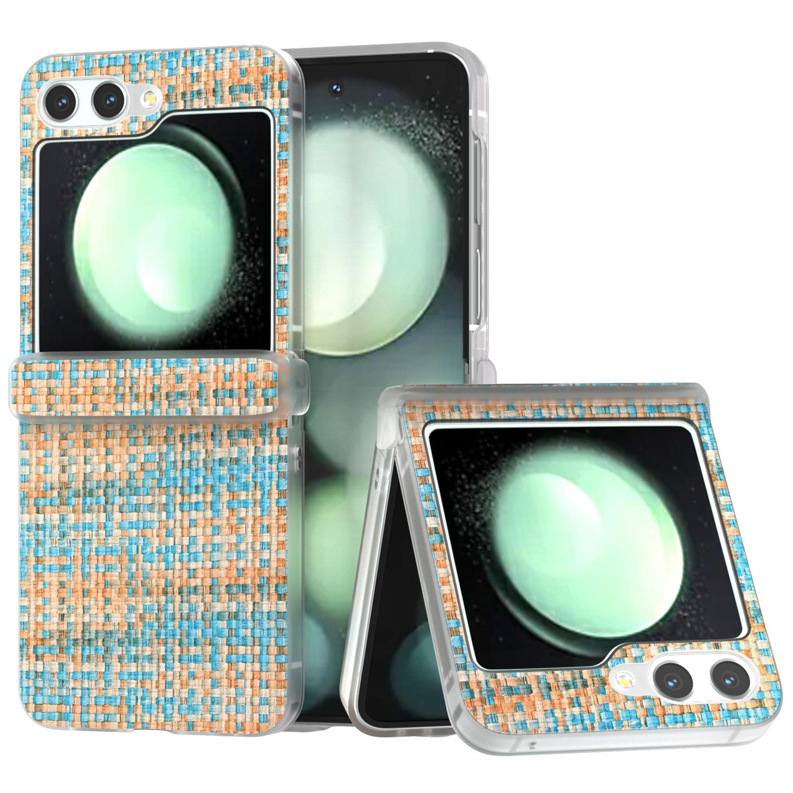 

For Samsung Galaxy Z Flip5 5G Case Colorful Plaid Texture Leather Phone Cover Matte Frame Hinge Protection Blue