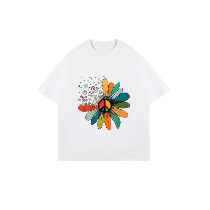 Oversized T Shirt Black Colorful Flower Peace Sign Print Casual Wear For Women Summer Streetwear Fashion Top