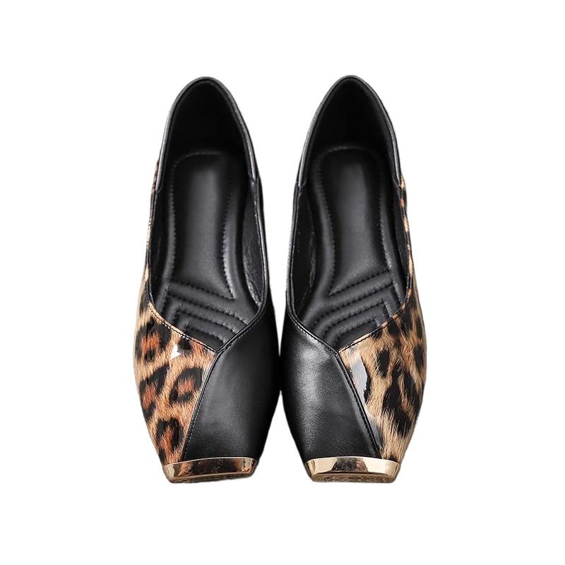 Fashion New Popular Shallow Soft Sole Leather Sandals Shoes Women's Flats Square Metal Head Personality Leopard Print Mary Jane Ballet