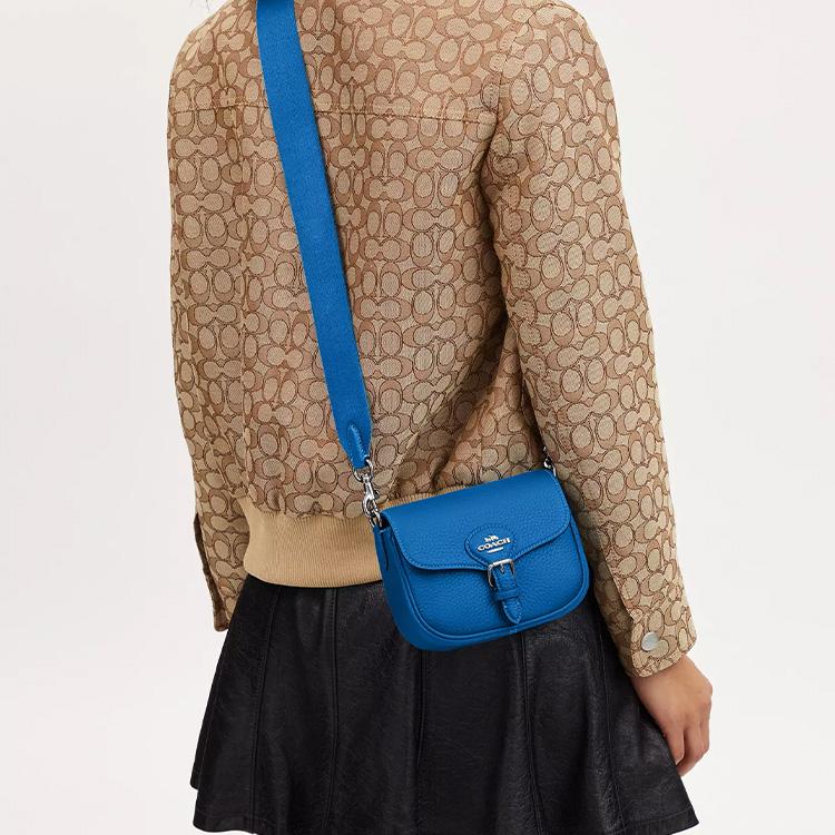 Coach Amelia 16 Logo Pebble Leather Saddle Bag Women Shoulder Bag Silver Bright-Blue CP001-SVA09