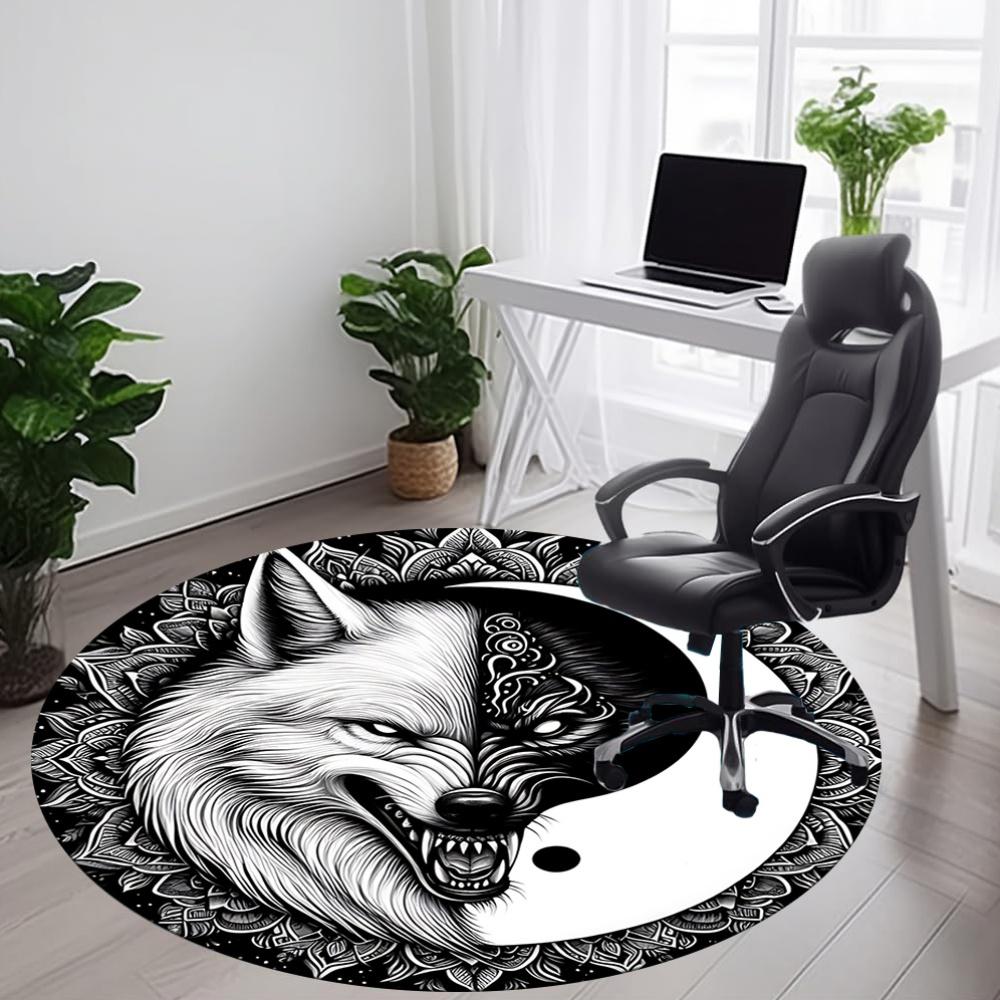 1PC Wolf Yin Yang Office Round Rug, Non slip, Soft and Durable Office Rug for Interior Decoration, Perfect for Office