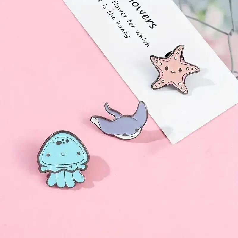 3pcs Cute Cartoon Chibi-Style Marine Creature Metal Pins: Seahorse, Shark, Jellyfish, Starfish Bag Accessories & Brooches