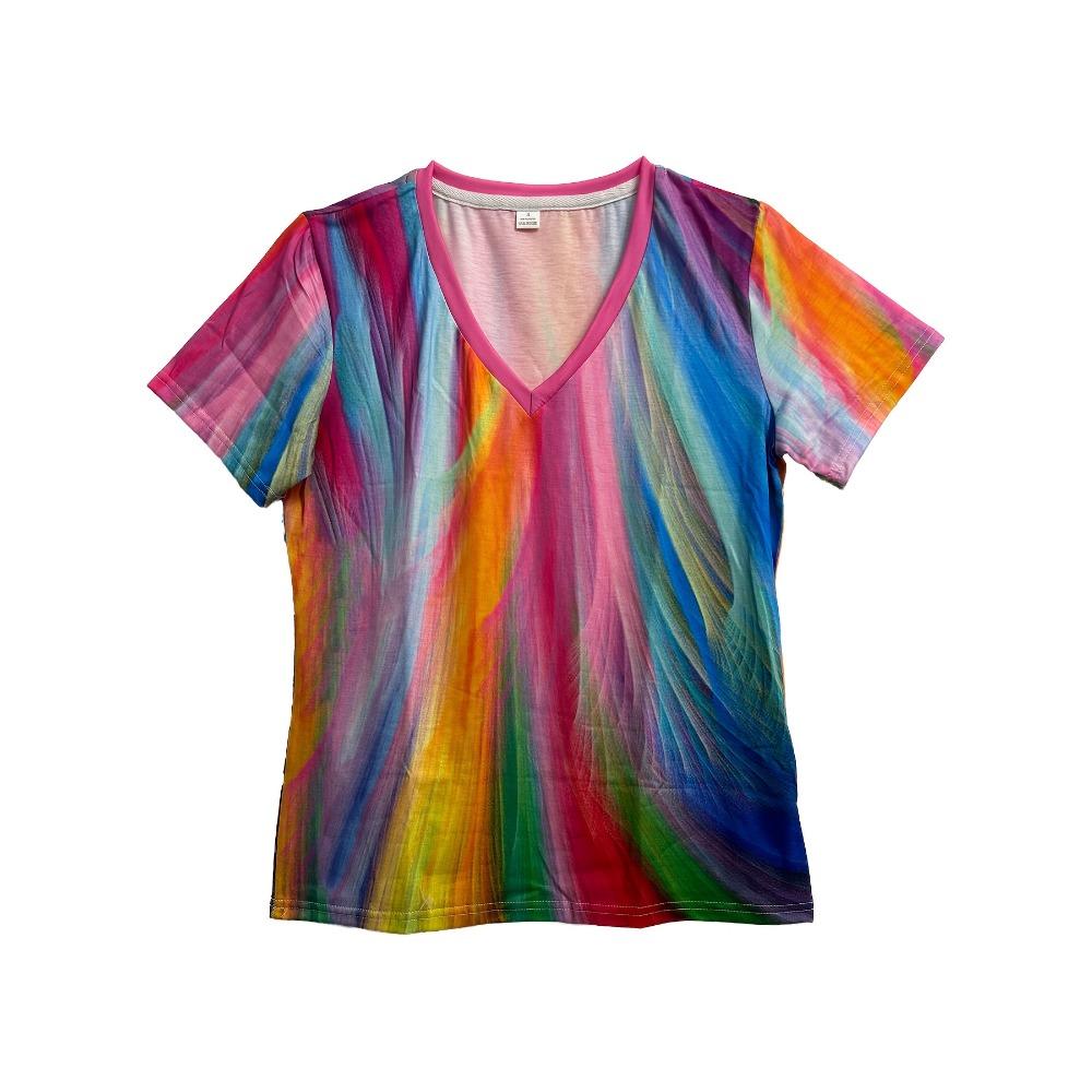 Color Printed T-shirt Top, Fashionable Summer Women's V-neck Short Sleeves, European and American Casual Pullover Clothing