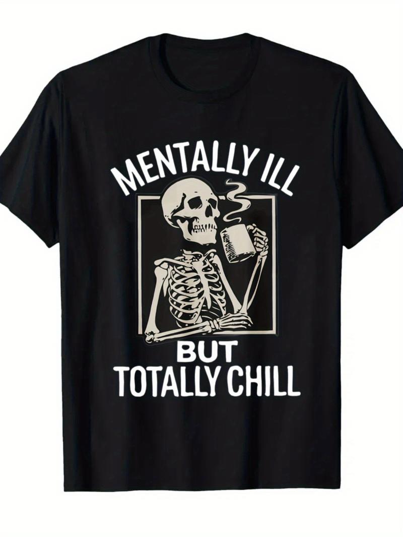 

Mens Fun Mental Patient But Super Flat Skull and Coffee Cup Pattern Tshirt 180g Heavy Weight Fabric Casual Style Round Neck S