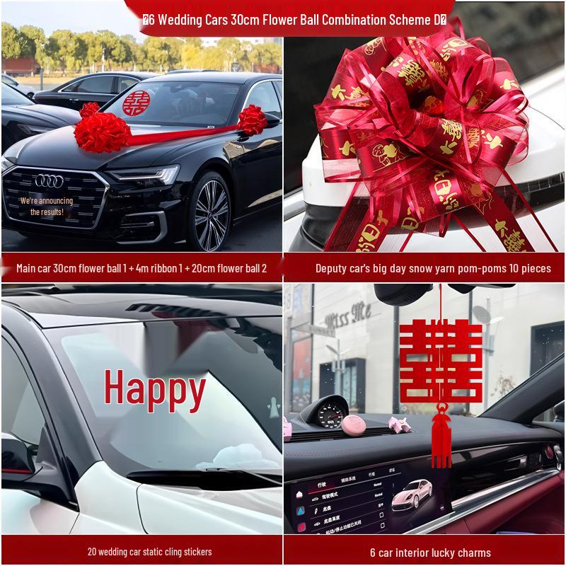 Wedding Car Decoration Set: Ribbons, Flowers, Mirror Arrangements, Double Happiness Stickers