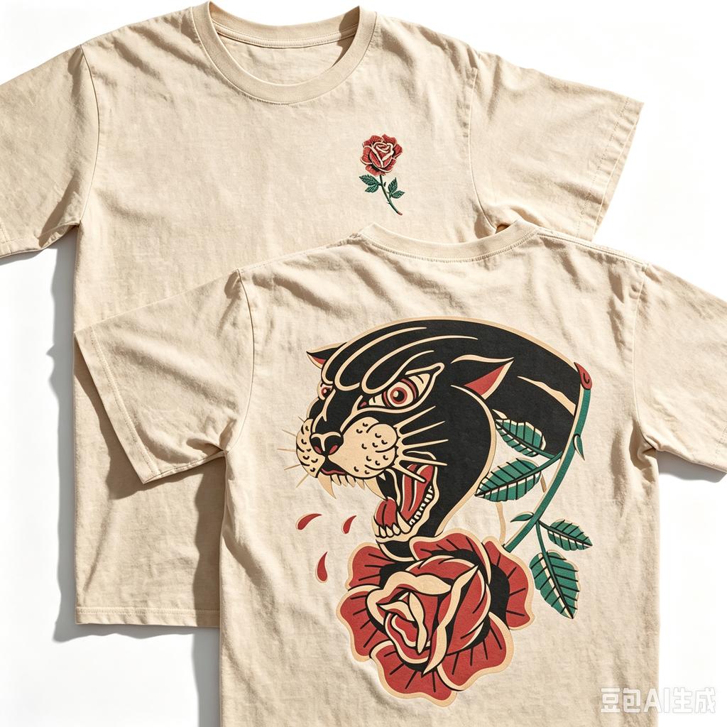 Summer Unisex Oversized Black T-Shirt Panther Rose Tattoo Double Sided Graphic Y2K Streetwear Cotton Tee for All Ages
